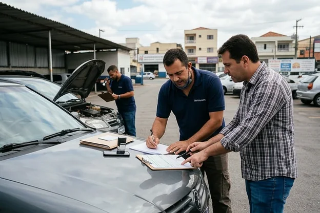 Profissionais realizando a transferência de um veículo, com documentação relevante.
