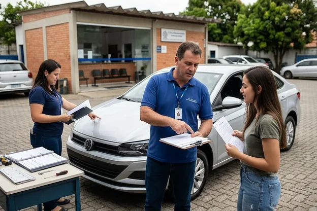 Profissional orientando cliente sobre o primeiro emplacamento, com documentos e araçmentos.