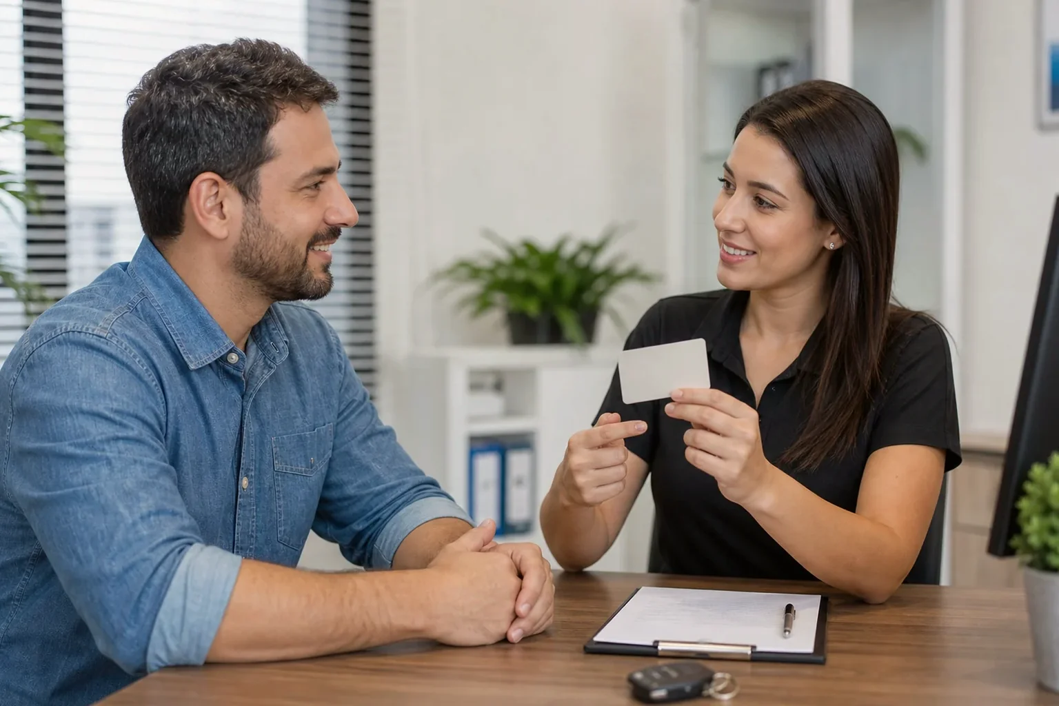 Profissional orientando cliente sobre renovação de CNH.